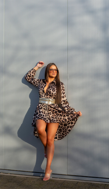 High-Low Silk-Look Dress Leopard